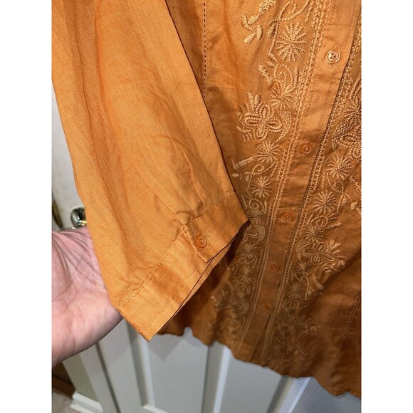 Coldwater Creek Blouse Womens L Orange Ramie Embroidered Button Up Shirt Top - Picture 4 of 8